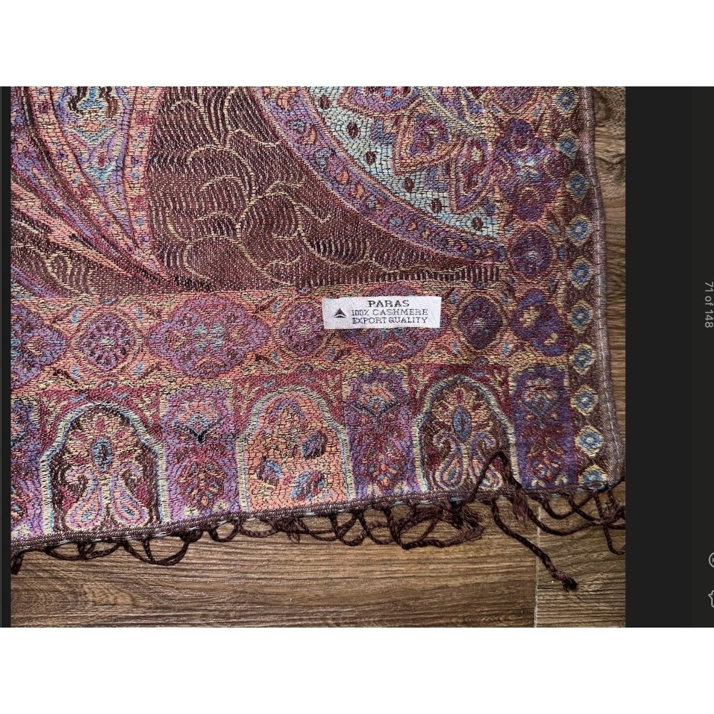 Paras 100% Cashmere Paisley Shawl Wrap Burgundy Blue Fringe Scarf Large - Picture 2 of 6